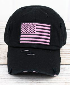 Distressed Black With Pink American Flag Adjustable Hat