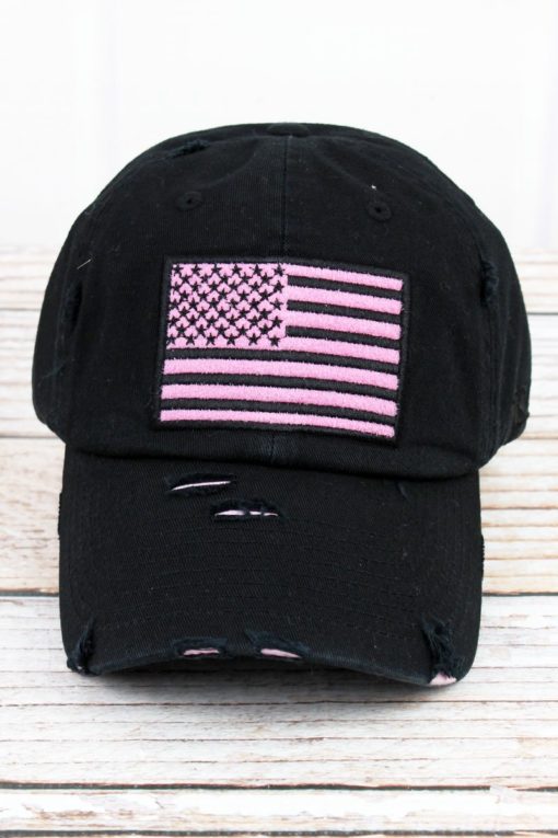 Distressed Black With Pink American Flag Adjustable Hat