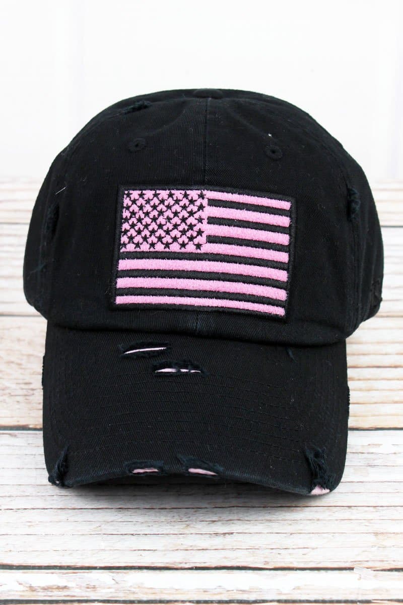 Distressed Black With Pink American Flag Adjustable Hat - Anchor Bay Life
