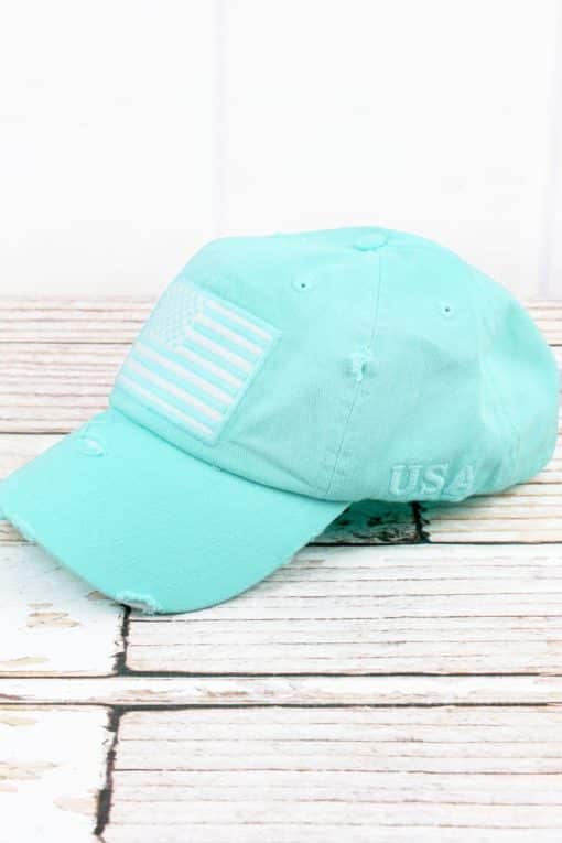 Distressed Mint Blue American Flag Adjustable Hat - Image 2