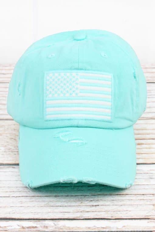 Distressed Mint Blue American Flag Adjustable Hat