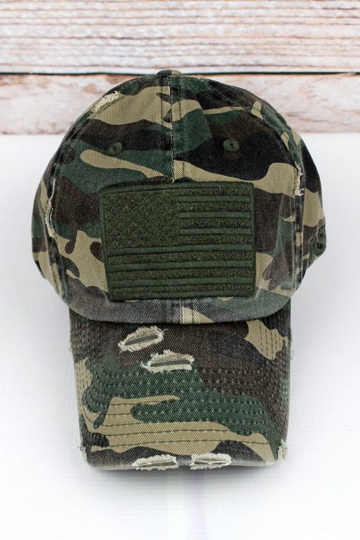 Distressed Green Camo American Flag Adjustable Hat