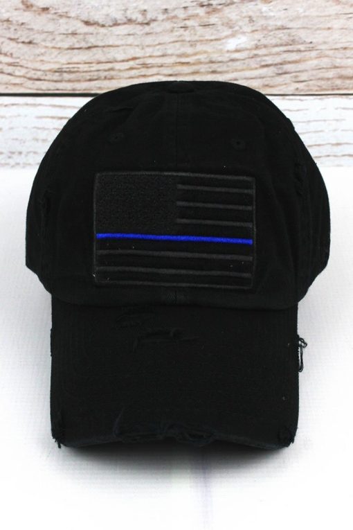 Distressed Black Thin Blue Line Tactical Flag Adjustable Hat