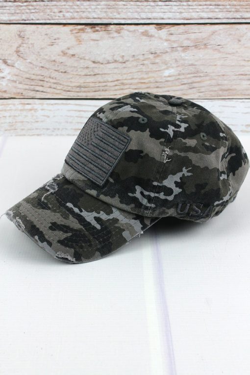 Distressed Black Camo American Flag Adjustable Hat - Image 2