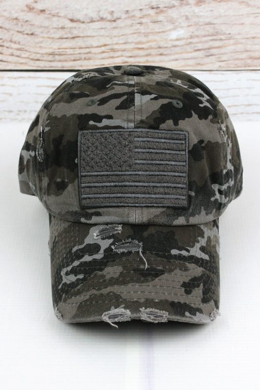 Distressed Black Camo American Flag Adjustable Hat