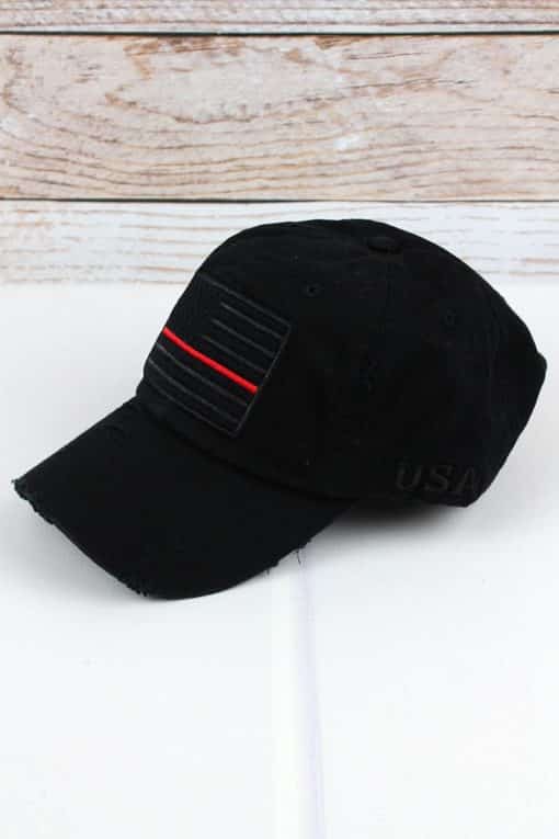 Distressed Black Thin Red Line Tactical Flag Adjustable Hat - Image 2