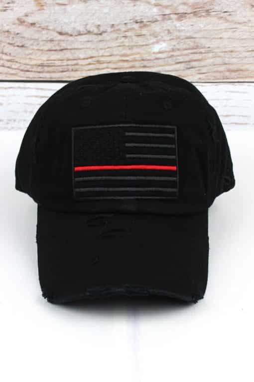 Distressed Black Thin Red Line Tactical Flag Adjustable Hat