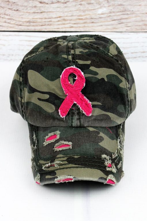 Distressed Green Camo Pink Ribbon Hope Adjustable Hat