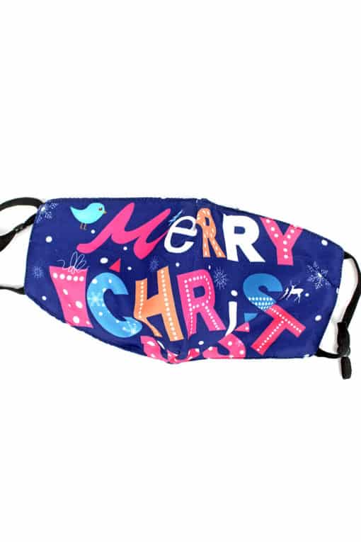 Merry Christmas Blue Fashion Face Mask With Quilted Filter Pocket