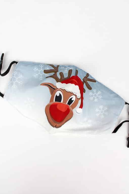 Rudolph Christmas Blue White Fashion Face Mask With Quilted Filter Pocket