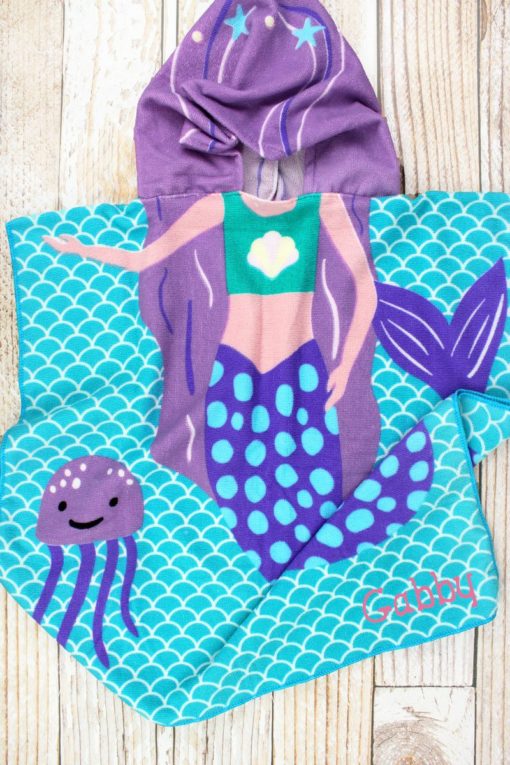 Kid's Mermaid Purple Blue Hooded Beach Towel