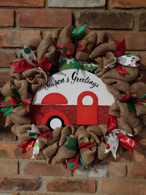 Seasons Greetings RV Camper 16" Burlap Christmas Wreath