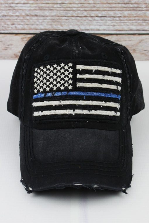 Distressed Black Thin Blue Line Flag Adjustable Hat