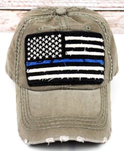 Distressed Olive Green Thin Blue Line Flag Adjustable Hat