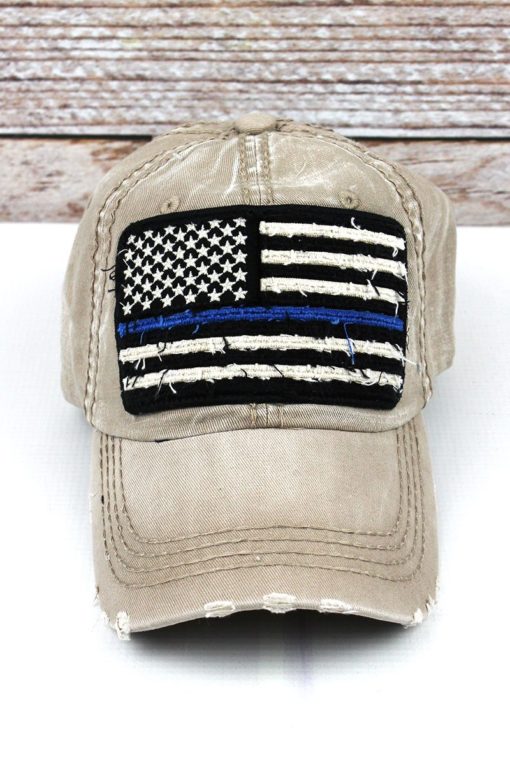 Distressed Khaki Thin Blue Line Flag Adjustable Hat