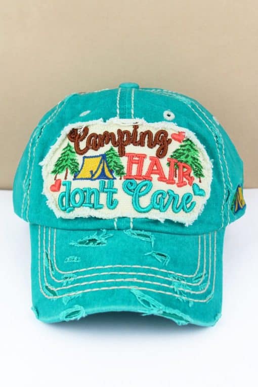 Distressed Turquoise Camping Hair Don't Care Adjustable Hat with Tent