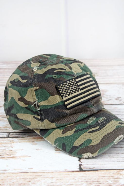 Distressed Green Camo with Black Khaki American Flag Adjustable Hat - Image 2