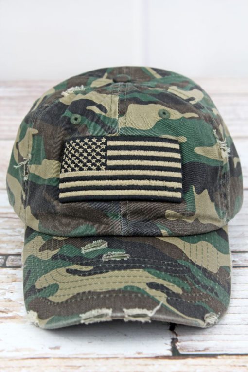 Distressed Green Camo with Black Khaki American Flag Adjustable Hat