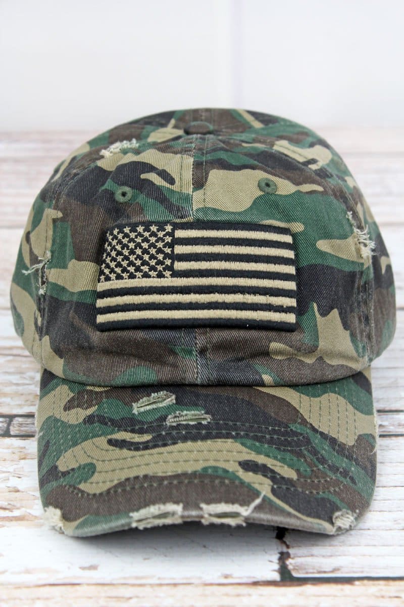 Distressed Green Camo with Black Khaki American Flag Adjustable Hat ...