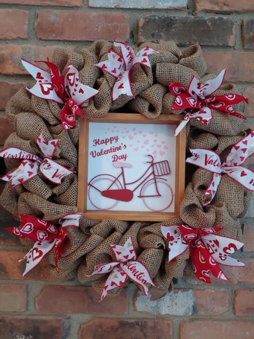 Happy Valentine's Day Pink Red Bike 16" Burlap Wreath