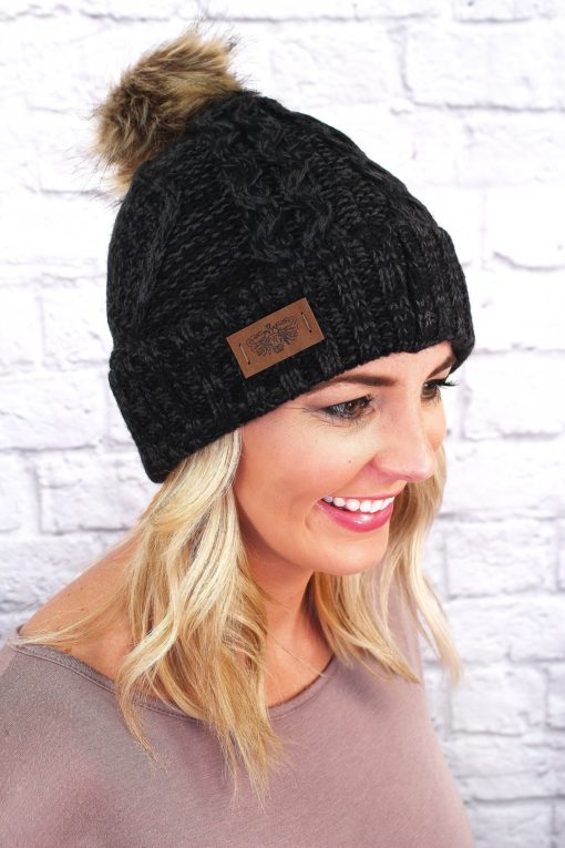 Snow Day Fleece Lined Knit Multi Black Pom Pom Beanie Hat