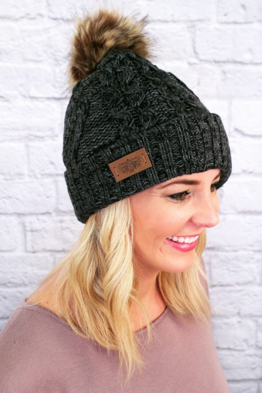 Snow Day Fleece Lined Knit Multi Charcoal Pom Pom Beanie Hat