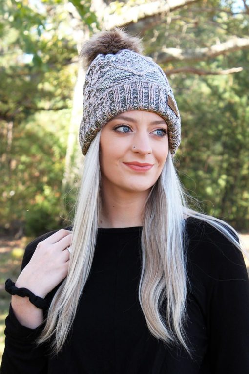 Snow Day Fleece Lined Knit Multi Rose Pom Pom Beanie Hat