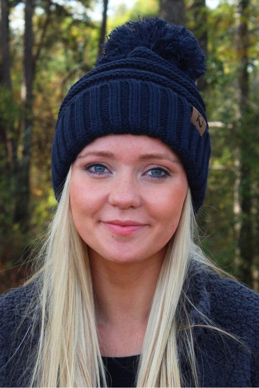 Snowball Fight Knit Navy Pom Pom Beanie Hat