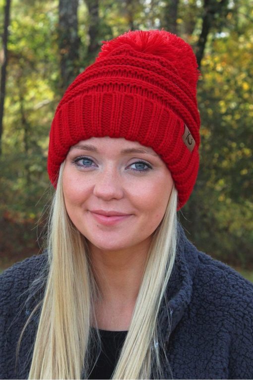 Snowball Fight Knit Red Pom Pom Beanie Hat