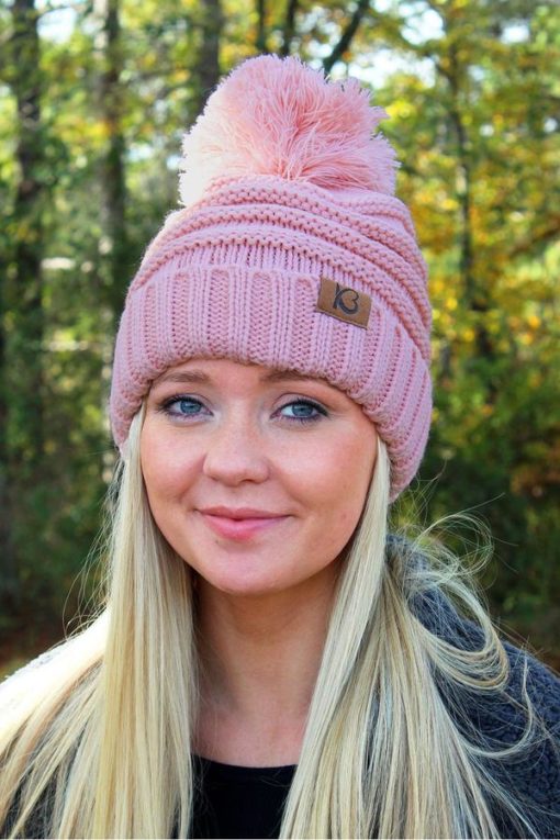 Snowball Fight Knit Rose Pom Pom Beanie Hat