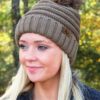 Snowball Fight Knit Taupe Pom Pom Beanie Hat