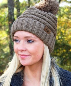 Snowball Fight Knit Taupe Pom Pom Beanie Hat