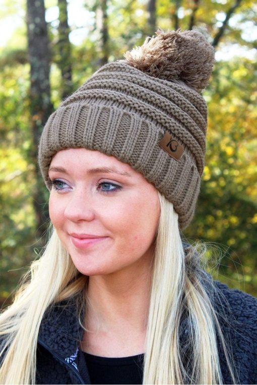 Snowball Fight Knit Taupe Pom Pom Beanie Hat