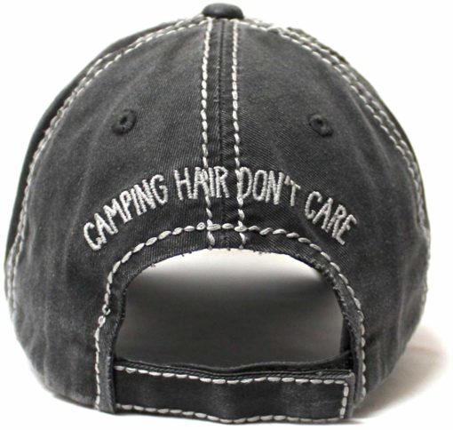 Camping Hair Don't Care Camper Distressed Black Adjustable Hat - Image 2