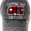 Camping Hair Don't Care Camper Distressed Black Adjustable Hat