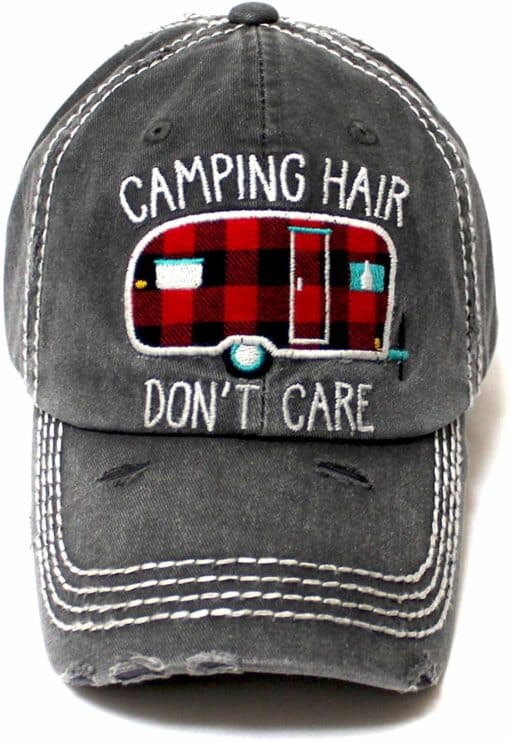 Camping Hair Don't Care Camper Distressed Black Adjustable Hat