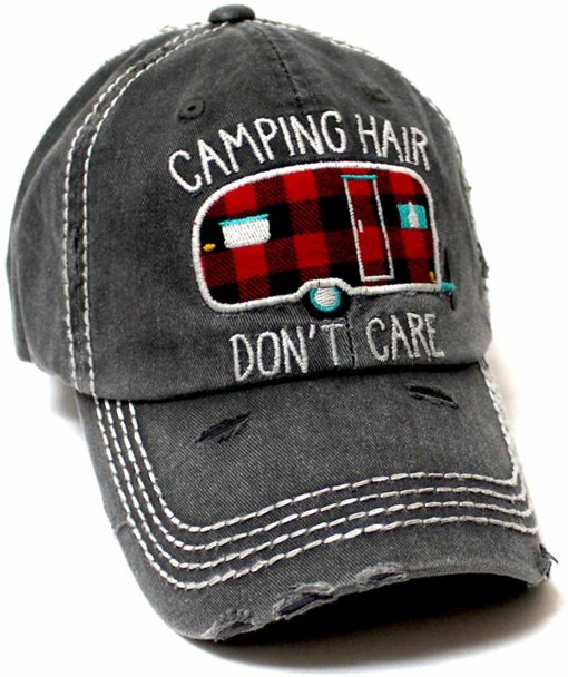 Camping Hair Don't Care Camper Distressed Black Adjustable Hat - Image 4