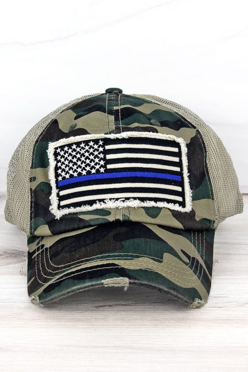 Distressed Camo Thin Blue Line Flag Mesh Adjustable Hat