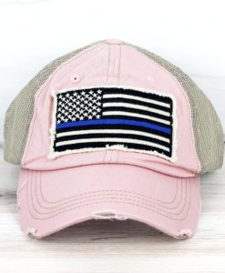 Distressed Rose Thin Blue Line Flag Mesh Adjustable Hat