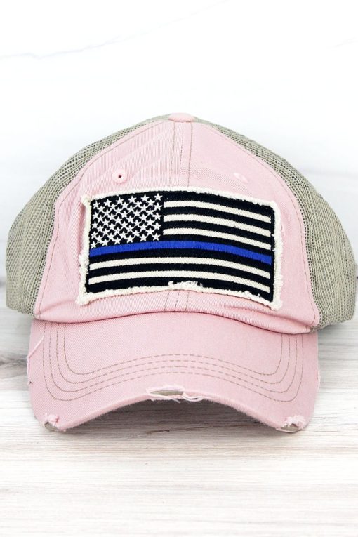 Distressed Rose Thin Blue Line Flag Mesh Adjustable Hat