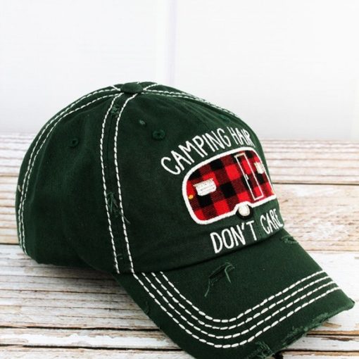Camping Hair Don't Care Camper Distressed Pine Green Adjustable Hat - Image 2