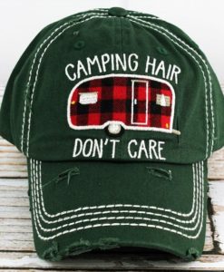 Camping Hair Don't Care Camper Distressed Pine Green Adjustable Hat