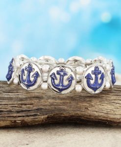 Distressed Navy Anchor and Silvertone Stretch Bracelet