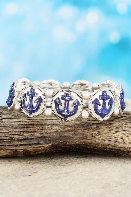 Distressed Navy Anchor and Silvertone Stretch Bracelet