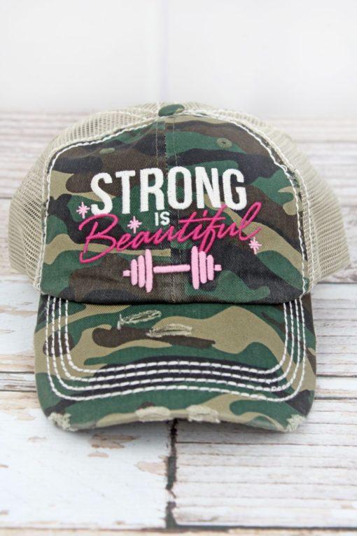 Distressed Camo Strong Is Beautiful Mesh Adjustable Hat