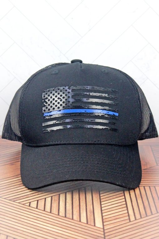 Black With Black Thin Blue Line Flag Adjustable Mesh Hat