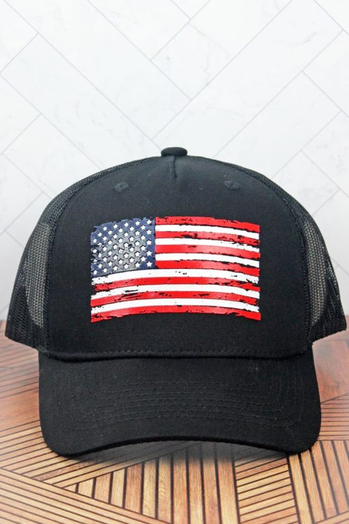 Black With American Flag Adjustable Mesh Hat