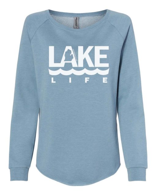 Michigan Lake Life Women's Misty Blue Crew Soft Wave Wash Sweatshirt