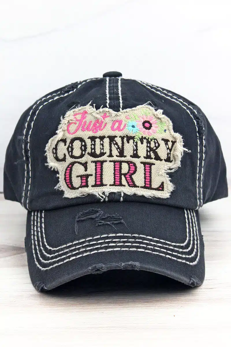 Distressed Black Floral Just A Country Girl Adjustable Hat