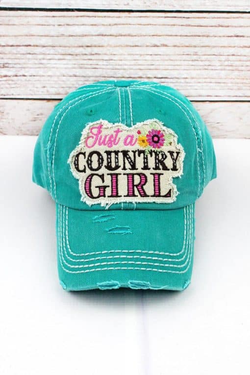 Distressed Turquoise Floral Just A Country Girl Adjustable Hat